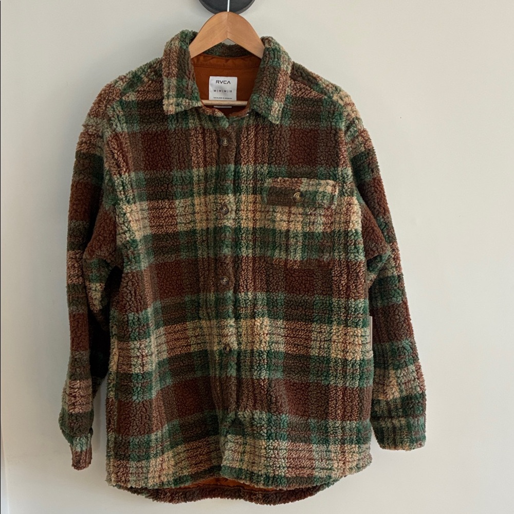 RVCA Women’s Green and Brown Plaid Sherpa Jacket